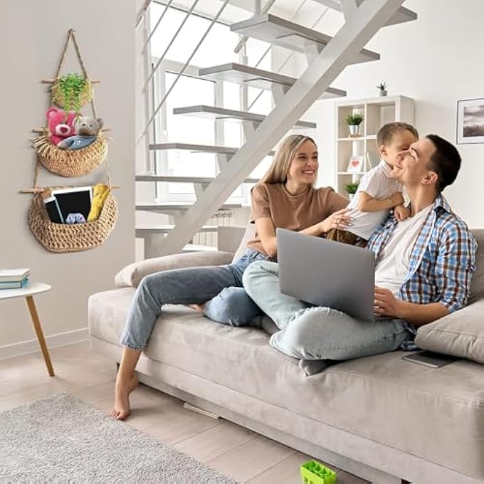 BIGTHREE 3-TIER JUTE & COTTON ROPE WALL HANGING BASKET, BOHO STORAGE ORGANIZER WITH 2 HOOKS, FOR FRUITS, VEGETABLES & HOME DECOR IN KITCHEN, BATHROOM, BEDROOM & LIVING ROOM - Image 4